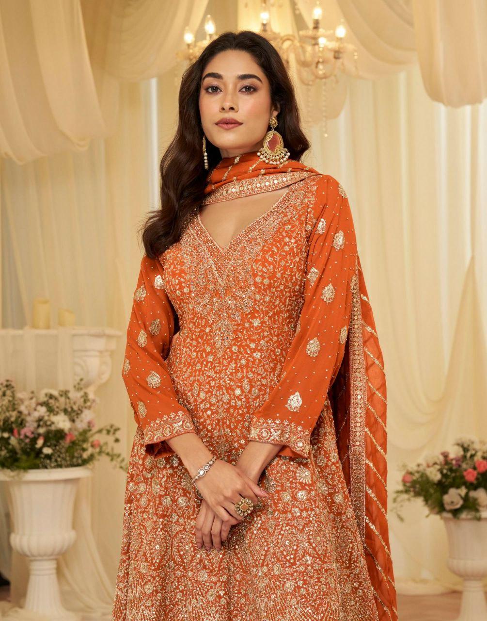 Georgette Palazzo Suit | Zari Thread Sequin Embroidery | Fully Stitched Party Wear Salwar Kameez Net Dupatta
