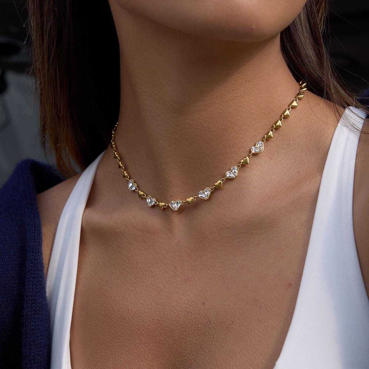 Gold Crystal Heart Choker Necklace, Dainty Stainless Steel Waterproof Jewelry