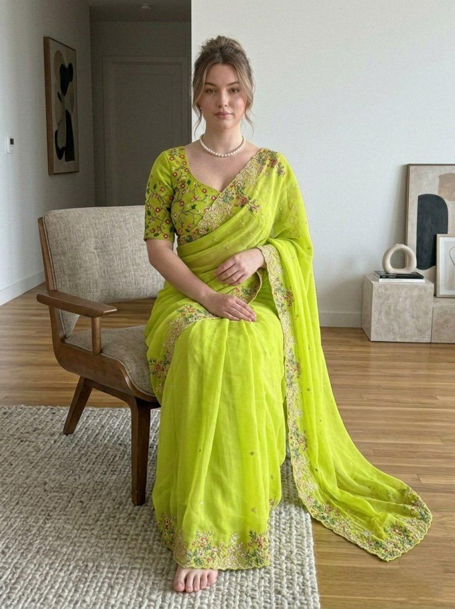 Zimmy Chu Silk Saree, Embroidered Butta, Cutwork Border, Wedding Designer Saree, Mono Banglory Blouse