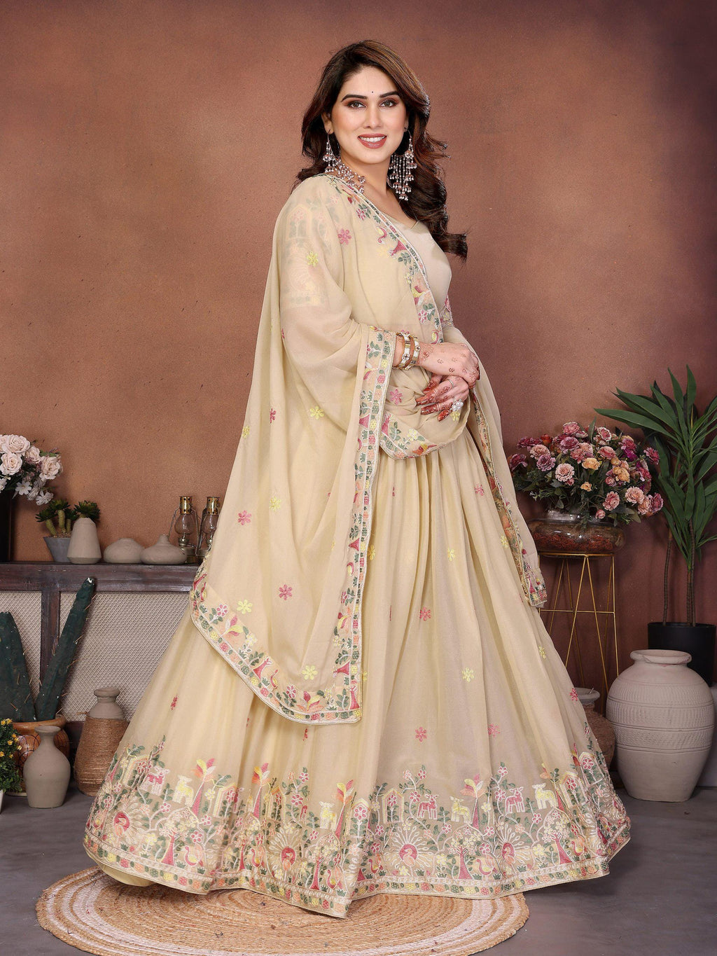 Embroidered Star Georgette Lehenga Choli Set | Ready-to-Wear Bridal Indian Wedding Wear Dupatta Cutwork Border