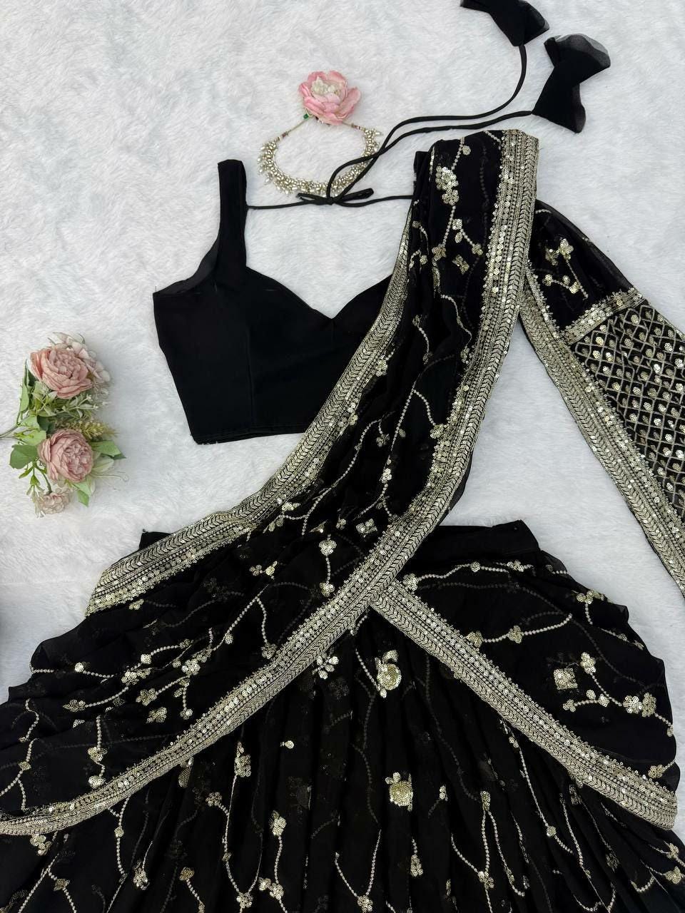 Faux Georgette Lehenga Saree | Sequins Embroidered Blouse, Lace Border Dupatta (Ready-to-Wear)