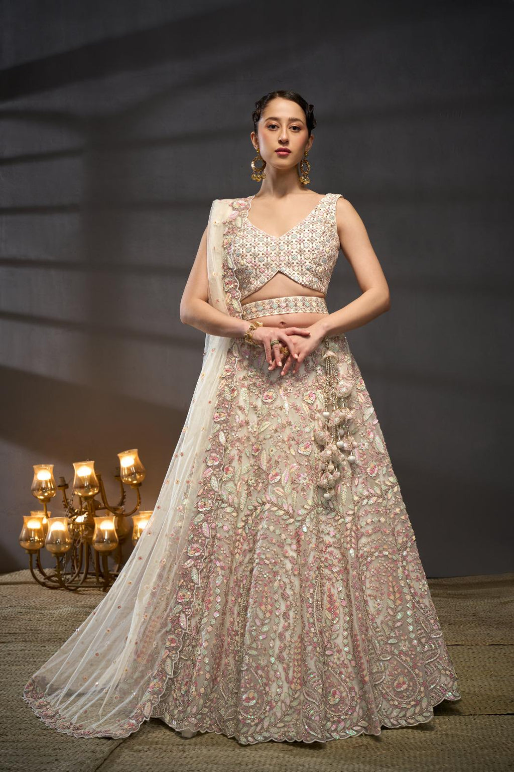 Cream Net Lehenga Choli Set | Multicolor Sequins Zarkan Embroidery, Bridal Wear