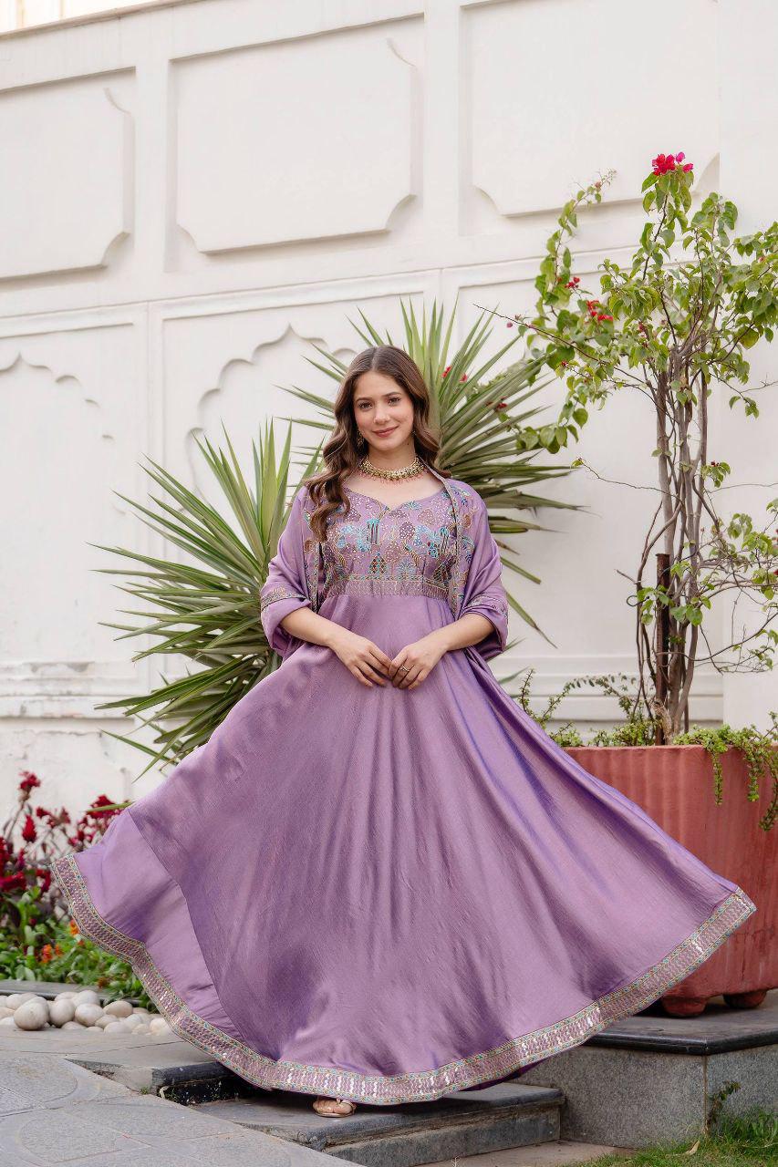 Vichitra Silk Embroidered Gown with Dupatta, Festive Party Wear Ethnic Dress