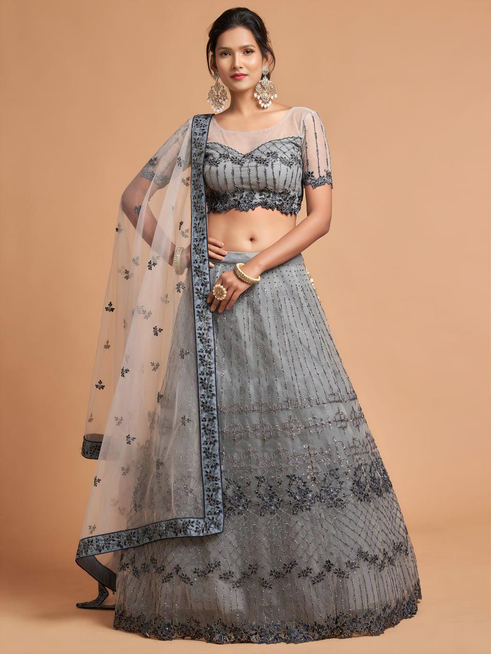 Grey Net Lehenga Choli | Zari Sequin Embroidery, A-Line Bridal Wear