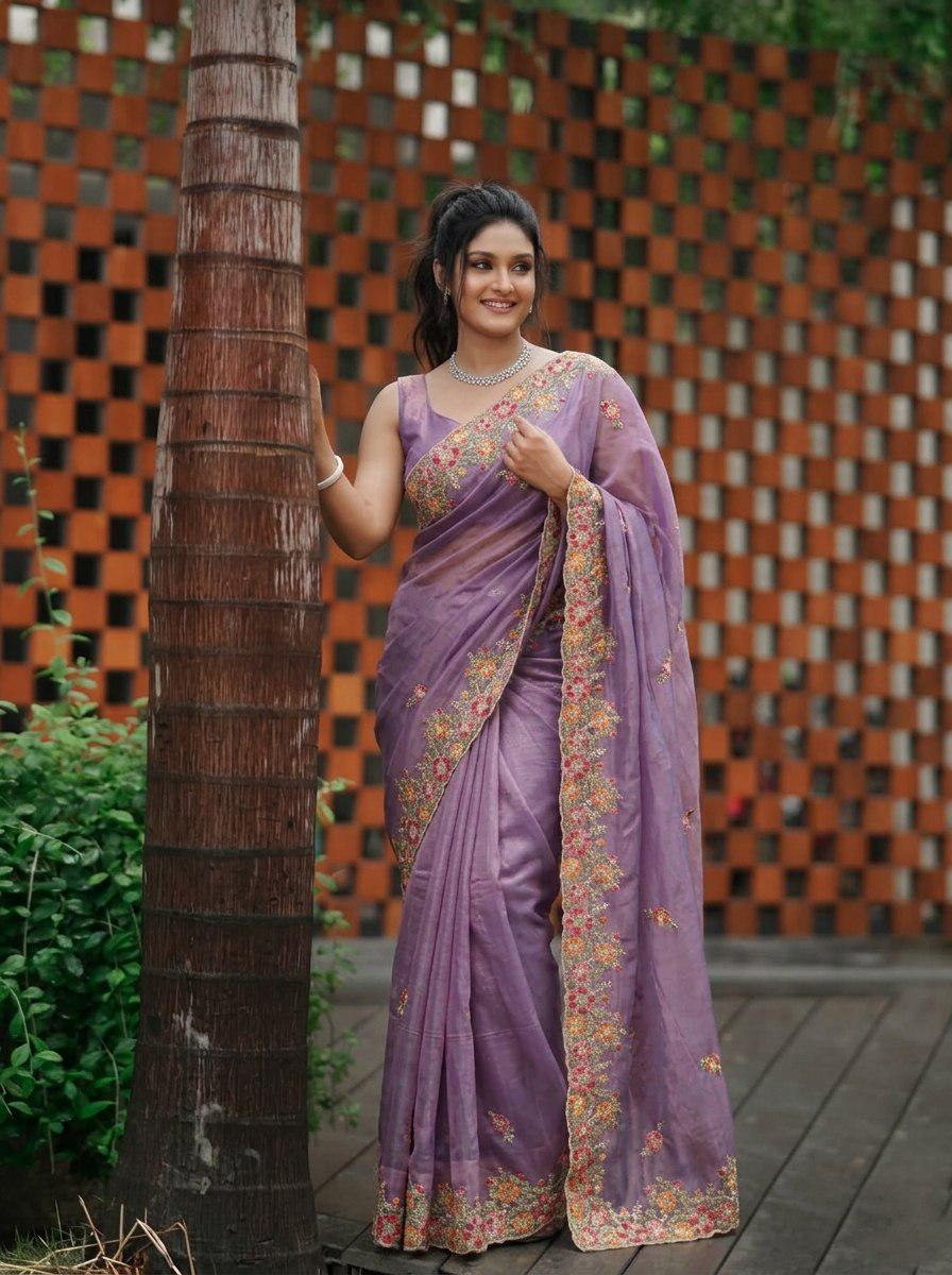 Twill Net Saree Multi Embroidery Cutwork Border | Designer Wedding Saree | Banglory Silk Blouse Piece