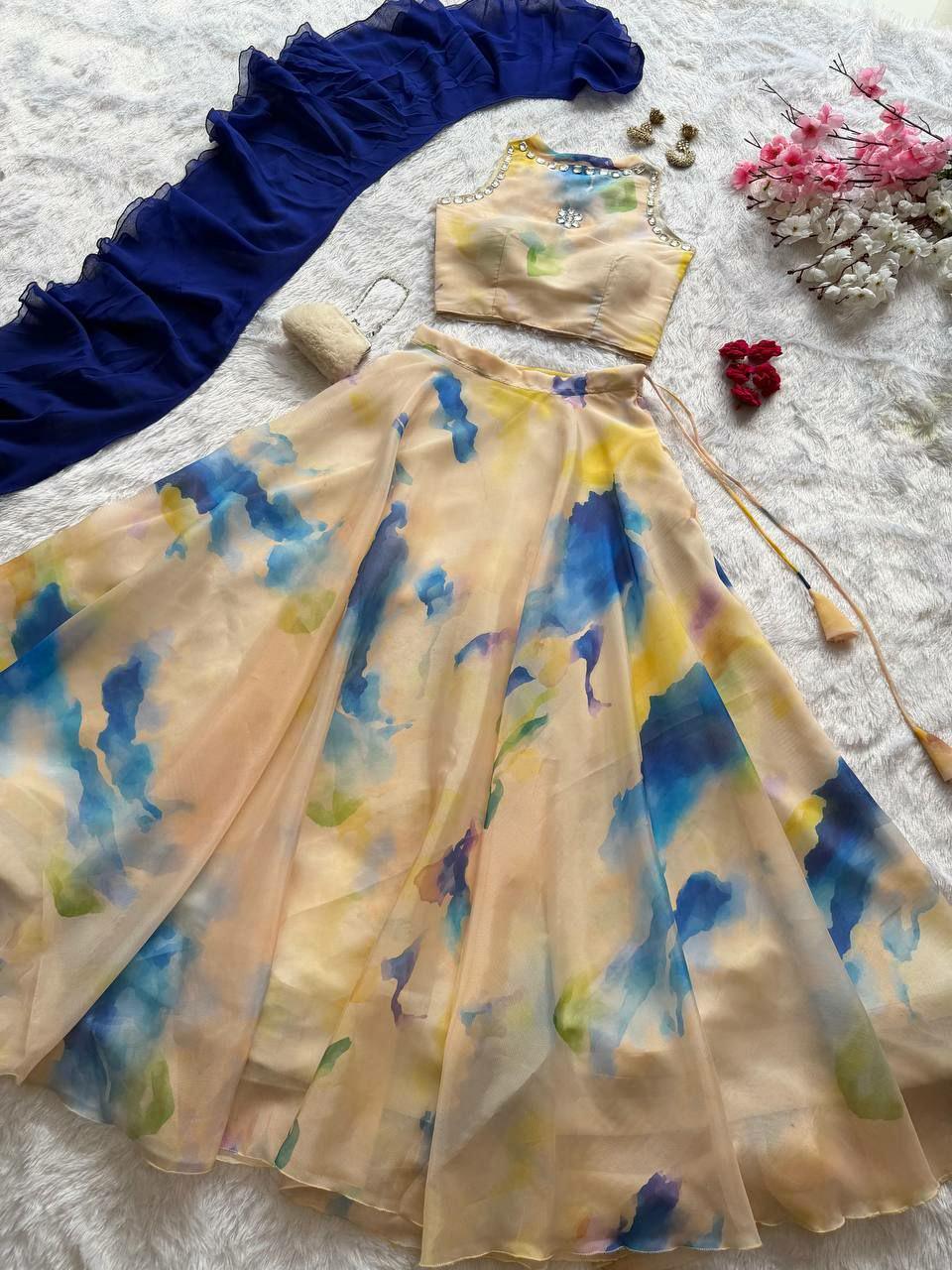 Printed Jimmy Organza Lehenga Choli Set | 8 Meter Flare Digital Print, Stone Work, Georgette Dupatta