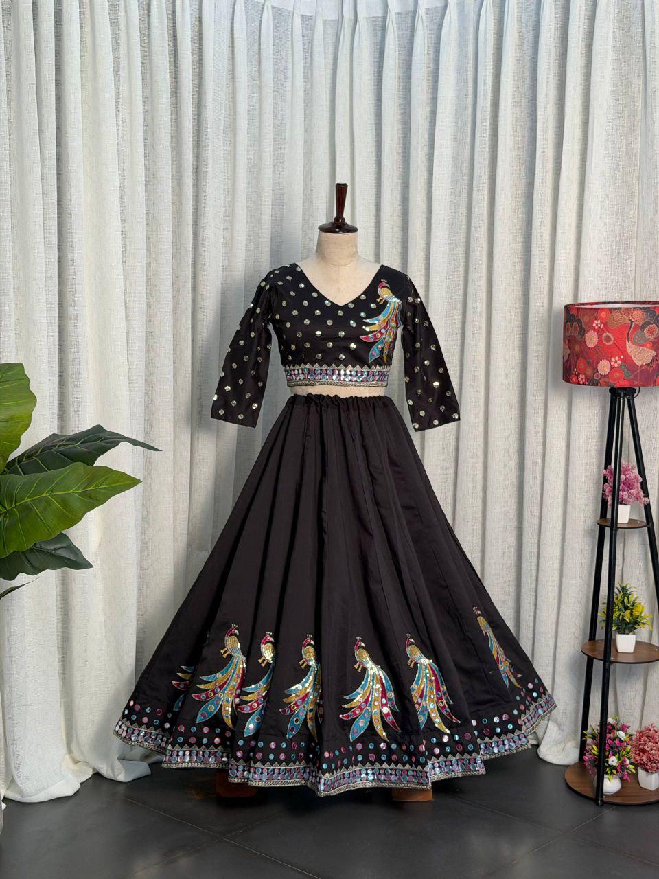 Embroidered Roman Silk Lehenga Choli Set | Peacock Sequin Work Wedding Outfit