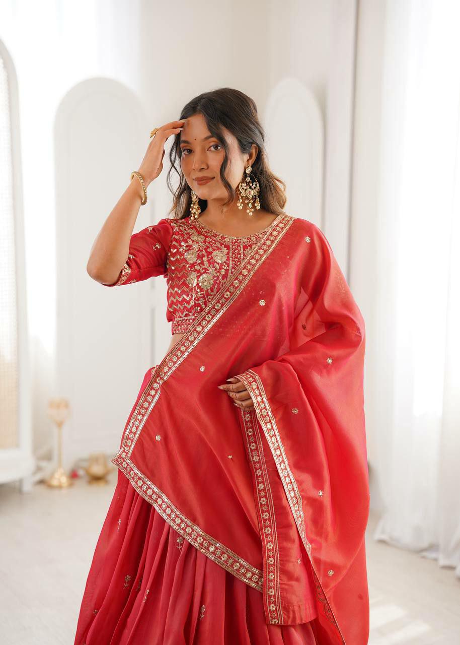 Heavy Shimmer Silk Lehenga Choli Set, Sequin Embroidery, Fully Stitched Wedding Outfit