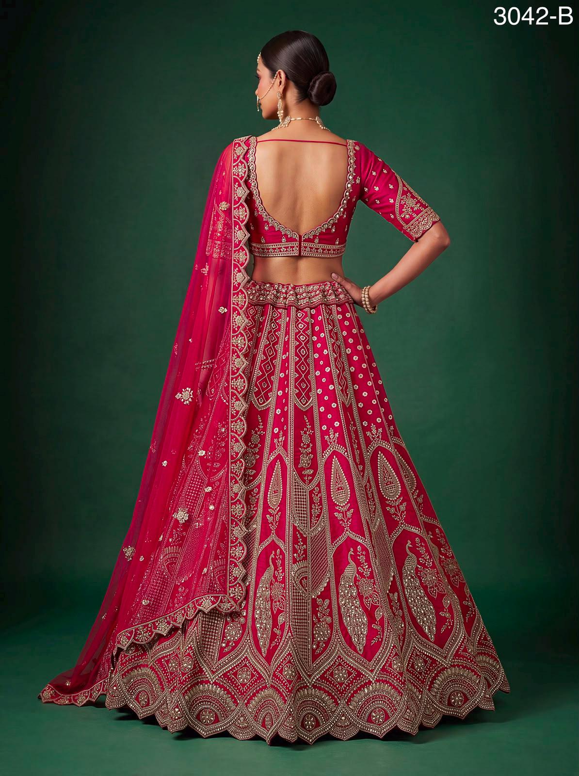 Luxury Slub Silk Bridal Lehenga Choli Set | Hand Bead Crystal Embroidery, Zari, Sequins Dupatta