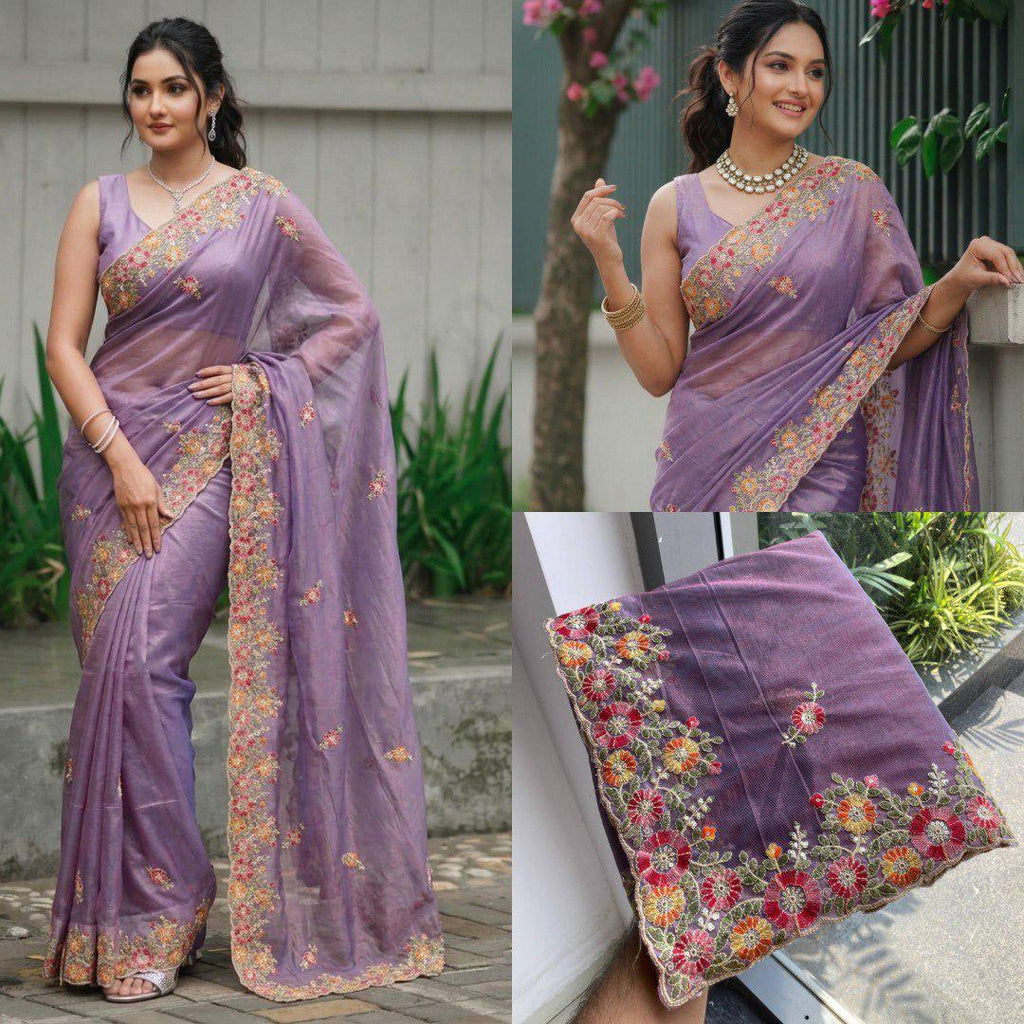 Twill Net Saree Multi Embroidery Cutwork Border | Designer Wedding Saree | Banglory Silk Blouse Piece