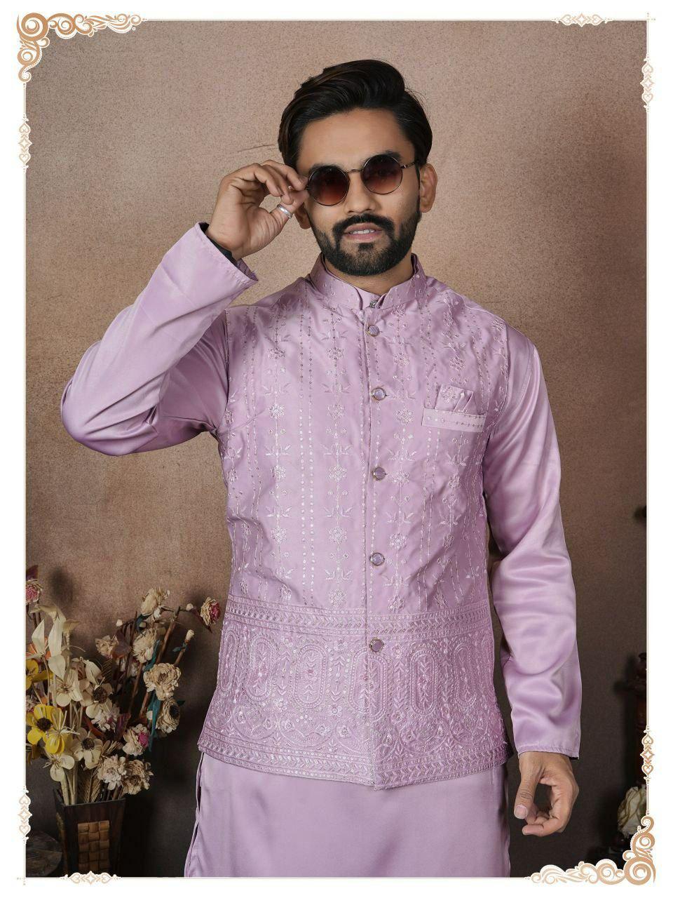 Men's Malai Satin Kurta Koti Pyjama Set, Wedding Ethnic Party Wear