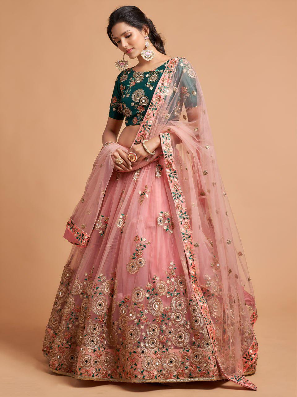 Peach Pink Net Lehenga Choli | Mirror Work, Floral Embroidery, Green Blouse