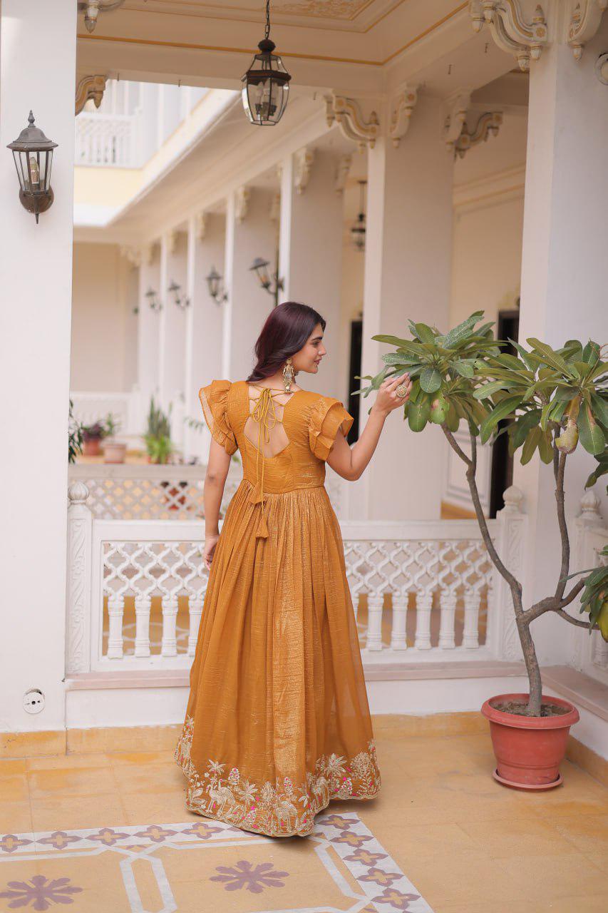 Silver Embroidered Gown, Frill Sleeve Ethnic Party Dress, Flared Anarkali Gown