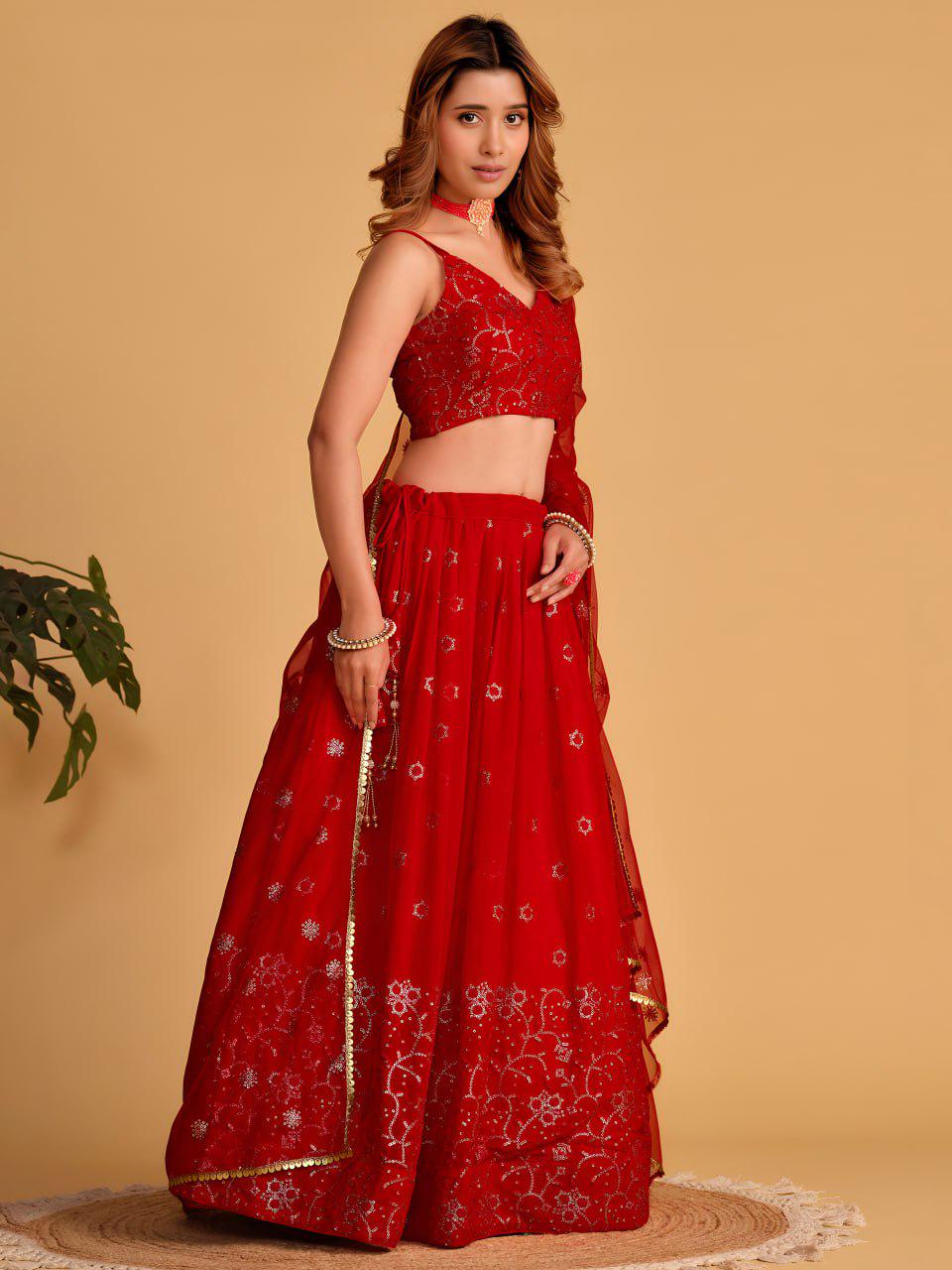 Red Georgette Lehenga Choli Set | Zari Sequin Embroidered Wedding Party Wear (Semi-Stitched)
