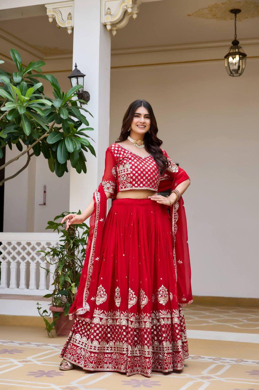 Heavy Fox Georgette Lehenga Choli Set | Red Wedding Party Wear Embroidery Sequin Work