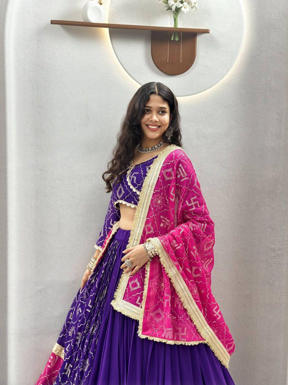 Embroidered Fox Georgette Lehenga Choli Set | 6 Meter Flare, Mirror Lace, Navratri Garba Outfit