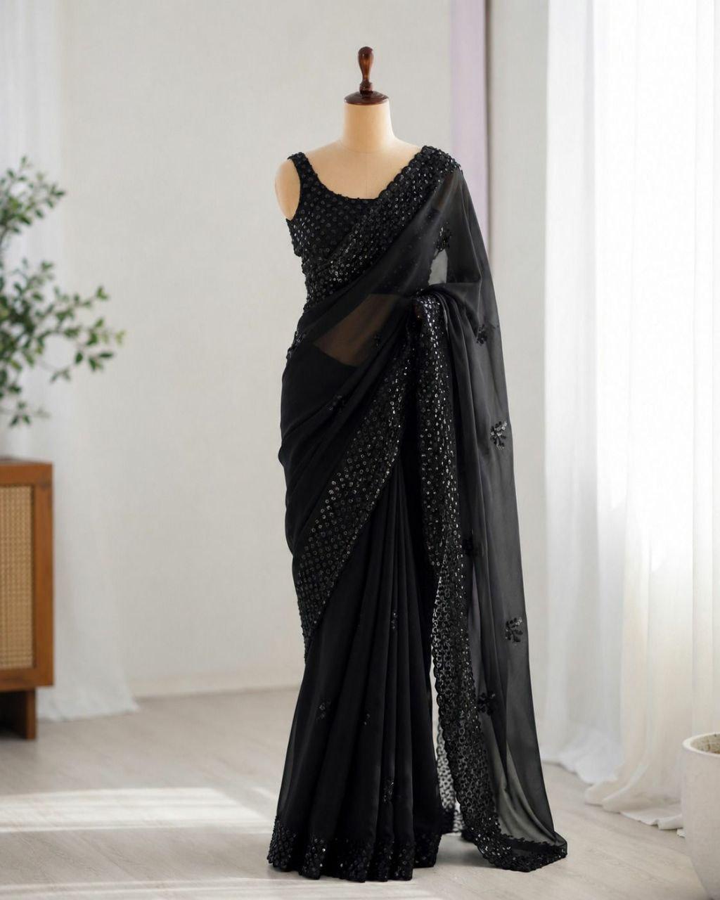 Soft Georgette Embroidered Saree | Sequin Cutwork Border, Diamond Silk Blouse, Party Wear