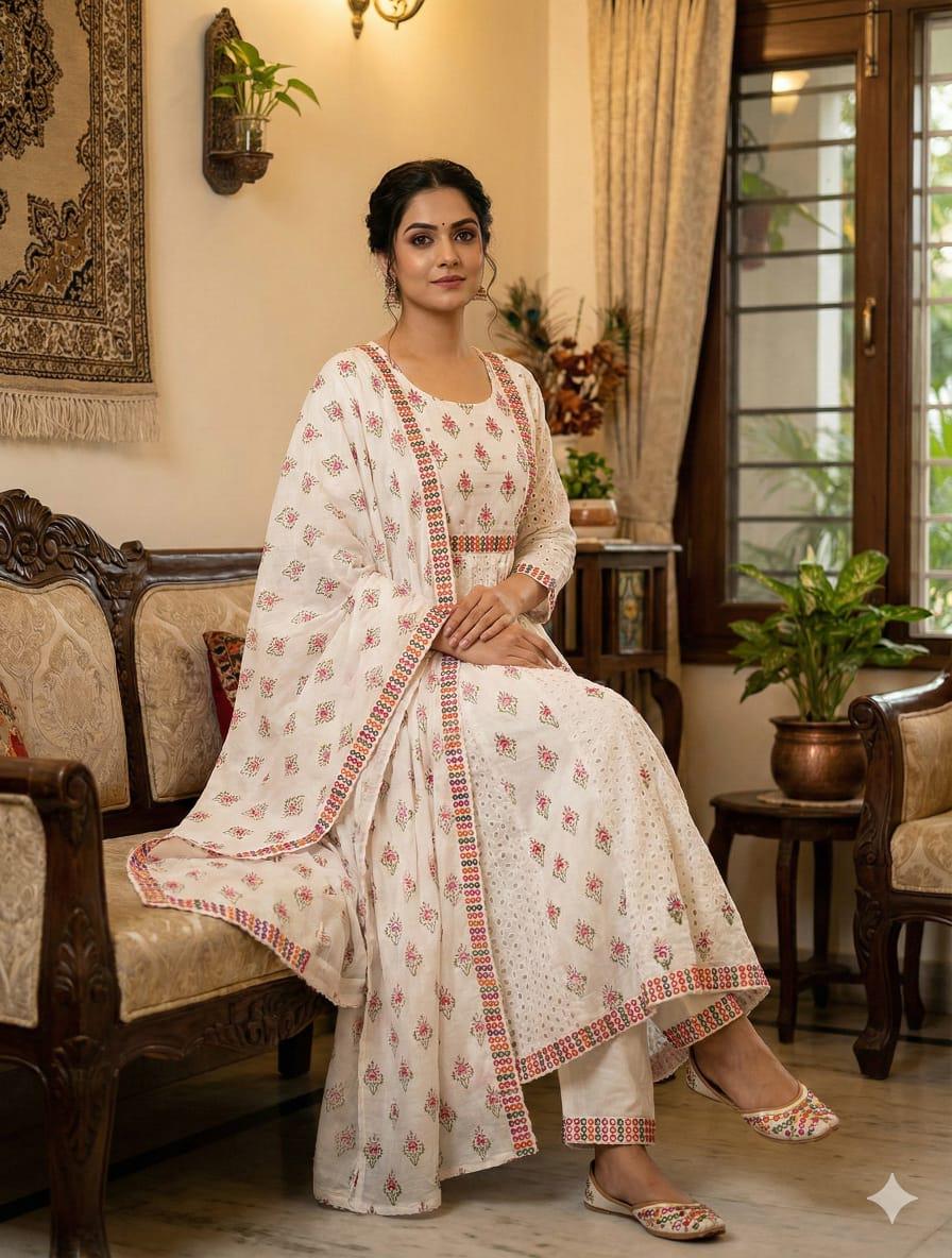 Cotton Chikankari Anarkali Kurti Set with Mirror Work, Lace Pant Dupatta