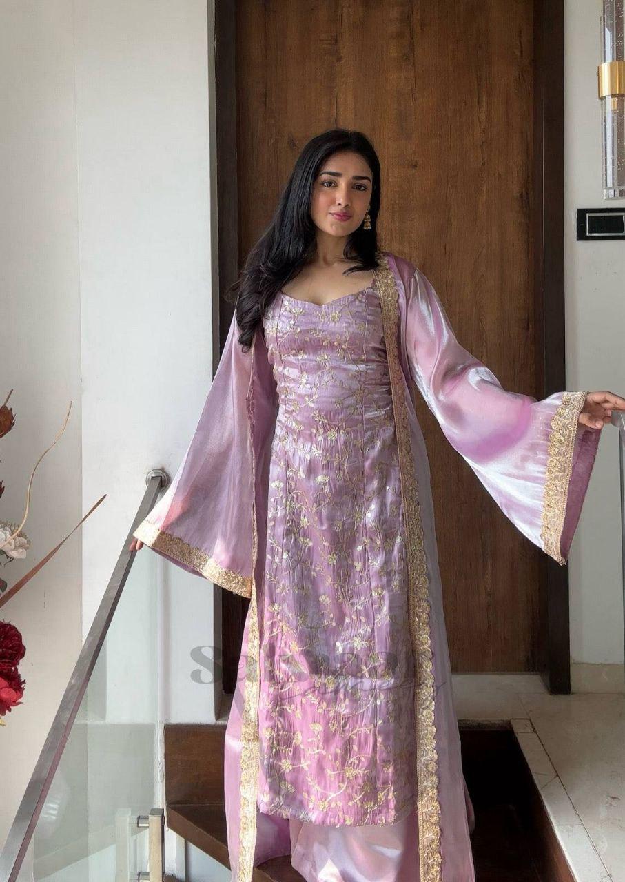 Embroidered Jimmy Silk Kurti Palazzo Set with Long Koti Jacket, Festive Indian Outfit