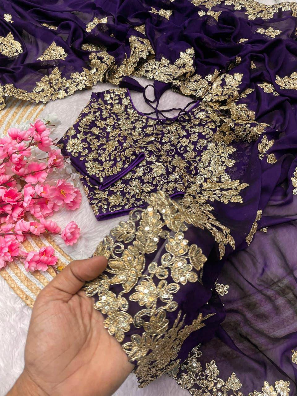 Rangoli Silk Saree with Sequins Zari Embroidery, Cut Work, Stitched Blouse, Party Wear