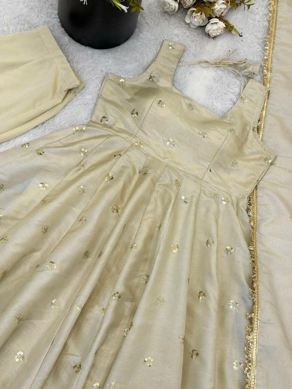 Cosmos Gold Anarkali Suit Set, Embroidered Flared Kurta with Pants, Indian Ethnic Outfit