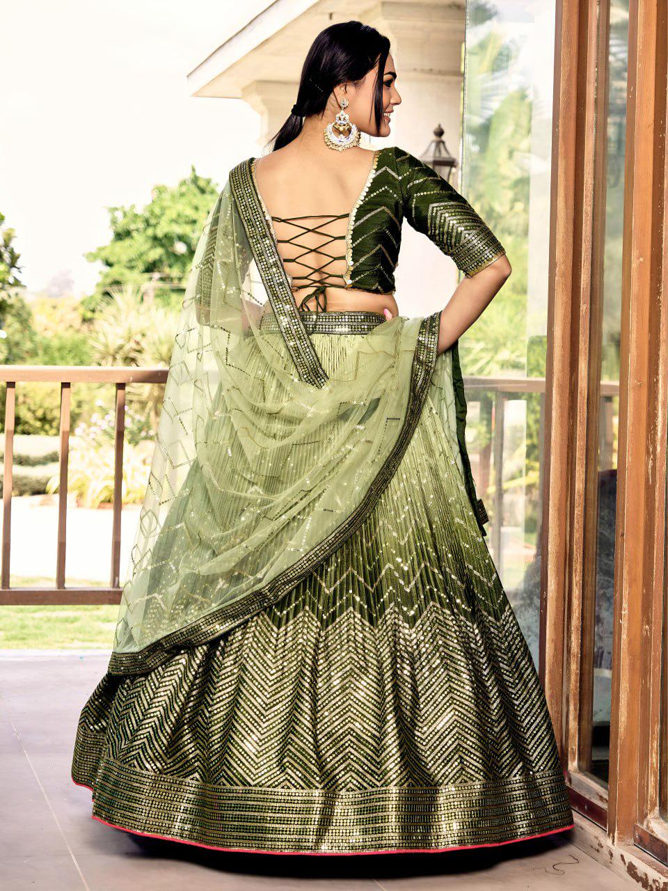 Olive Green Chinnon Lehenga Choli Set | Sequin Embroidered Wedding A-Line Lehenga, Net Dupatta