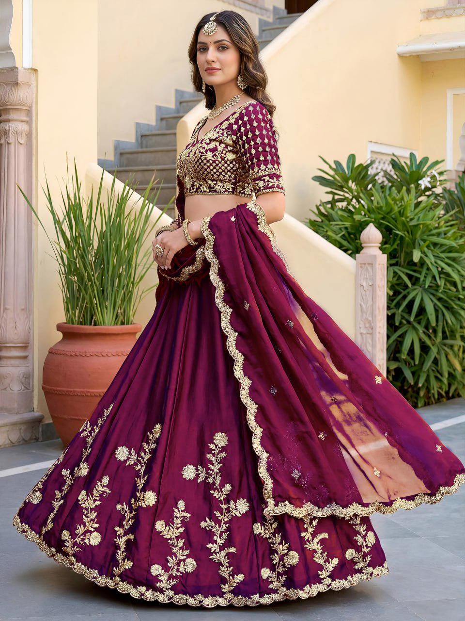 Wine Rangoli Silk Lehenga Choli Set | Zari Dori Sequins Embroidery Bridal Outfit