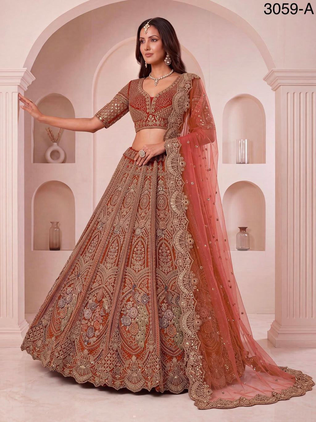 Luxury Peacock Embroidered Bridal Lehenga Choli Set | Zari Sequins Zircon Net Wedding Wear