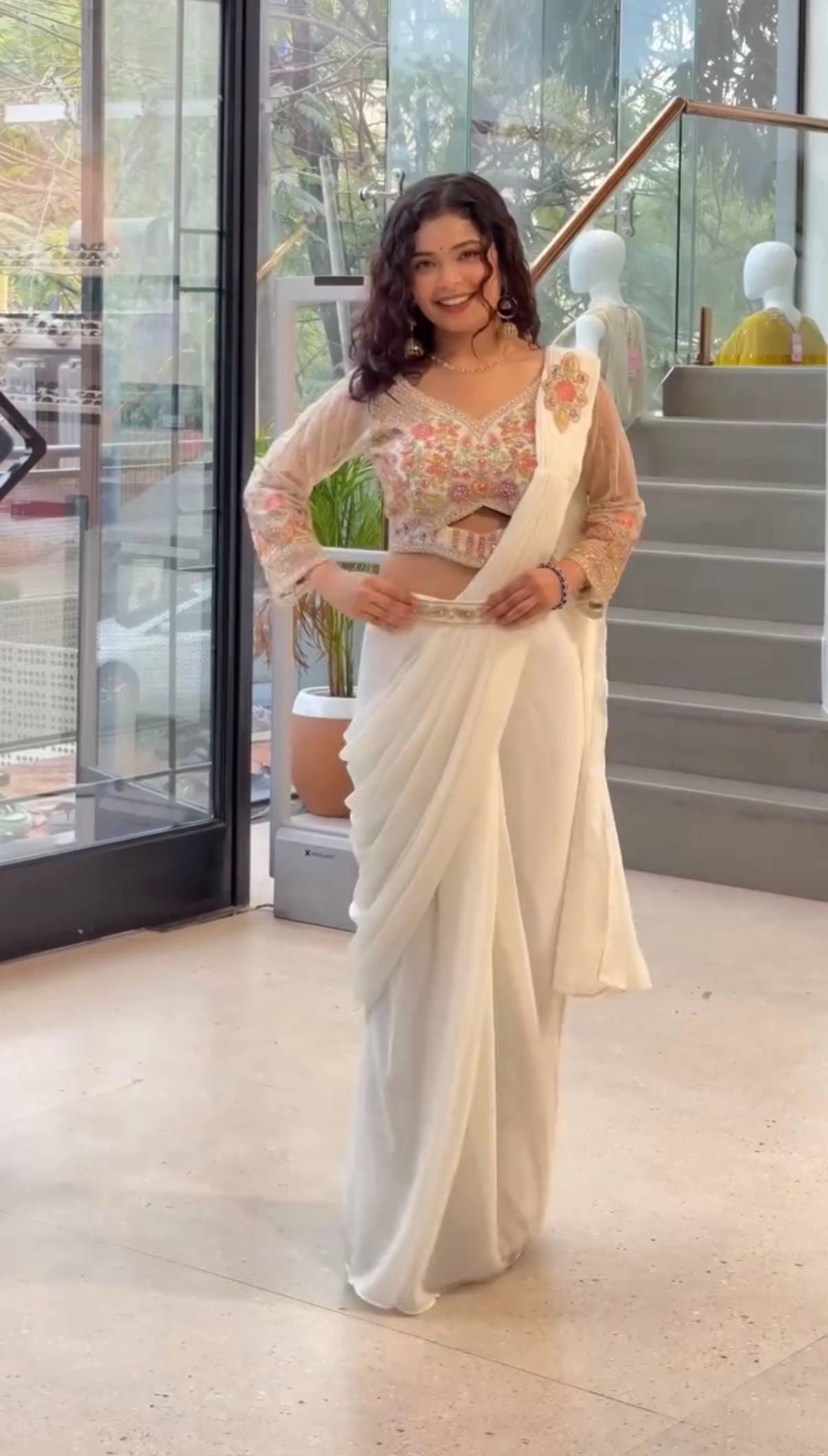 Ready to Wear Faux Georgette Saree with Embroidered Blouse, Hand Work Ethnic Outfit