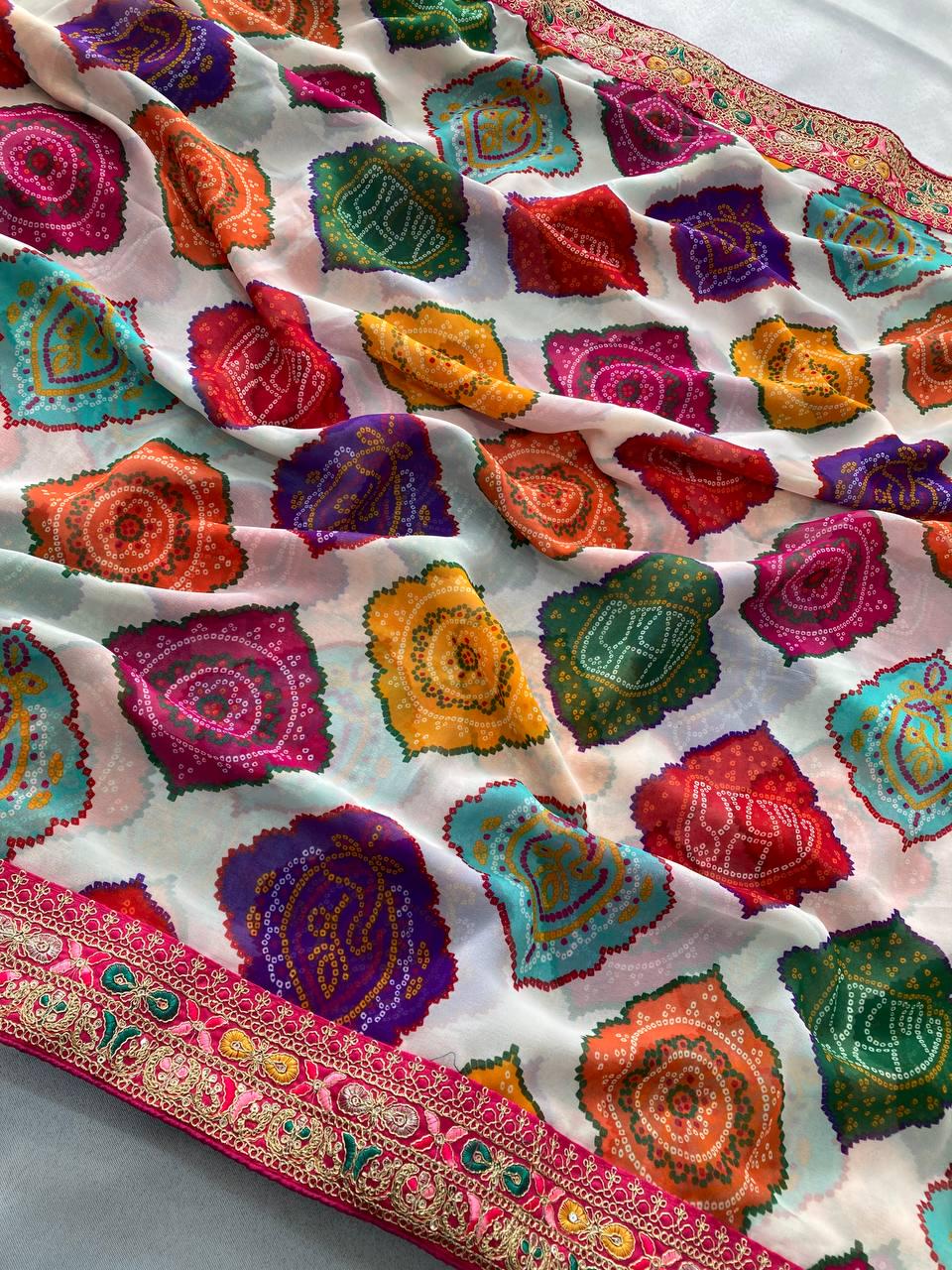 Rajwadi Bandhej Print Georgette Saree | Heavy Embroidered Lace Border, Silk Blouse Piece