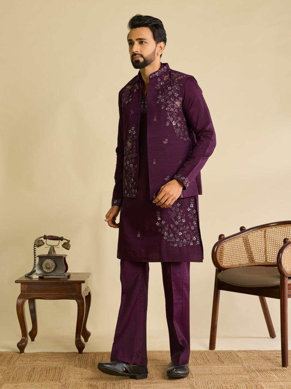 Art Silk Kurta Koti Pant Set | Mirror Work Embroidery Festive Wear
