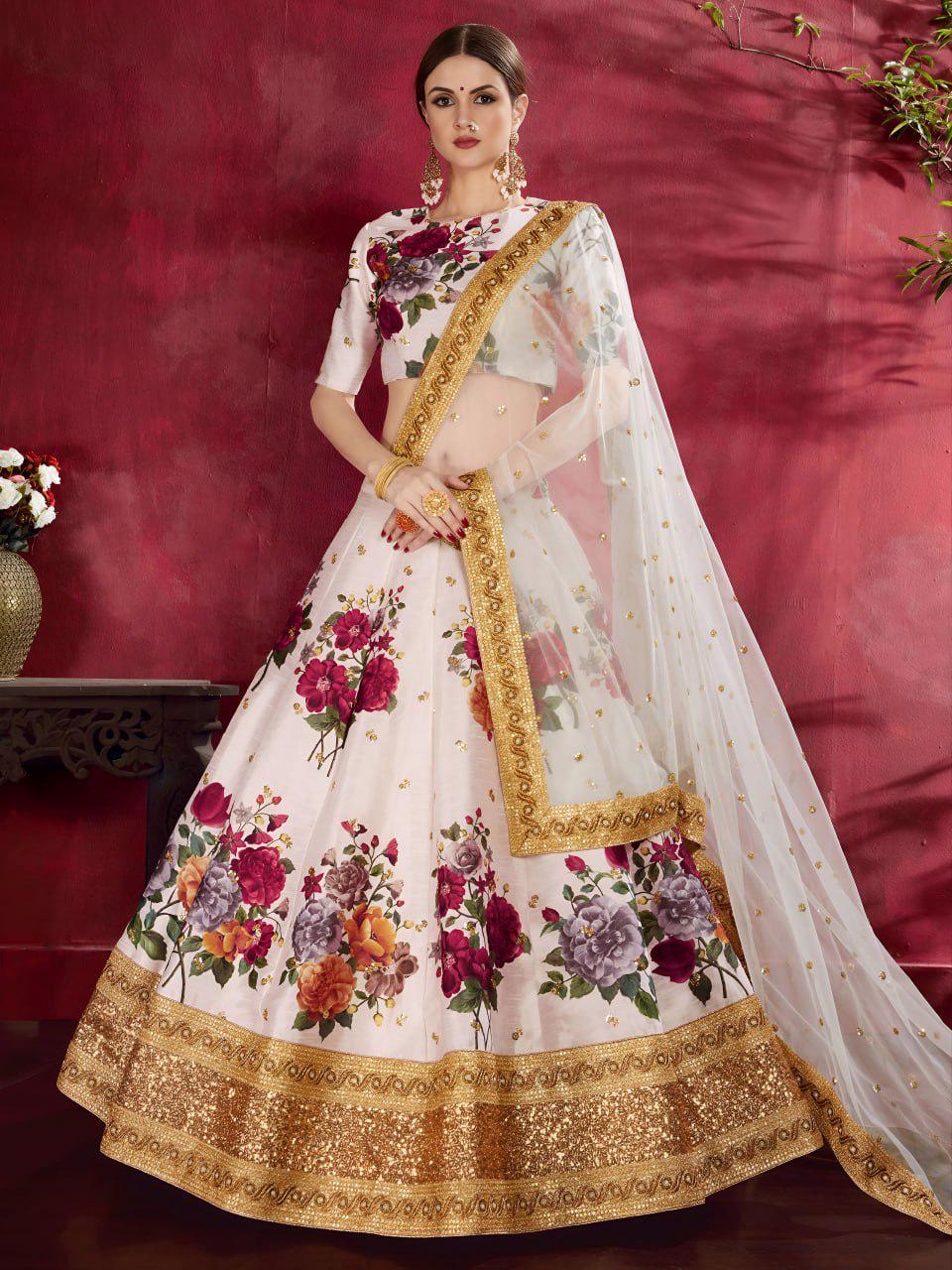 Ivory Floral Art Silk Lehenga Choli Set | Golden Embroidered Border, Net Dupatta