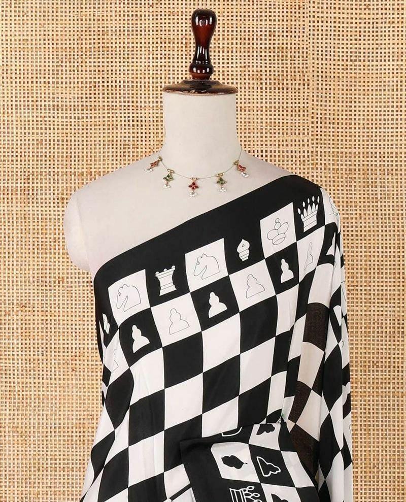 Ajrak Printed Crepe Satin Saree, Batik Check Blouse, Festive Casual Wear