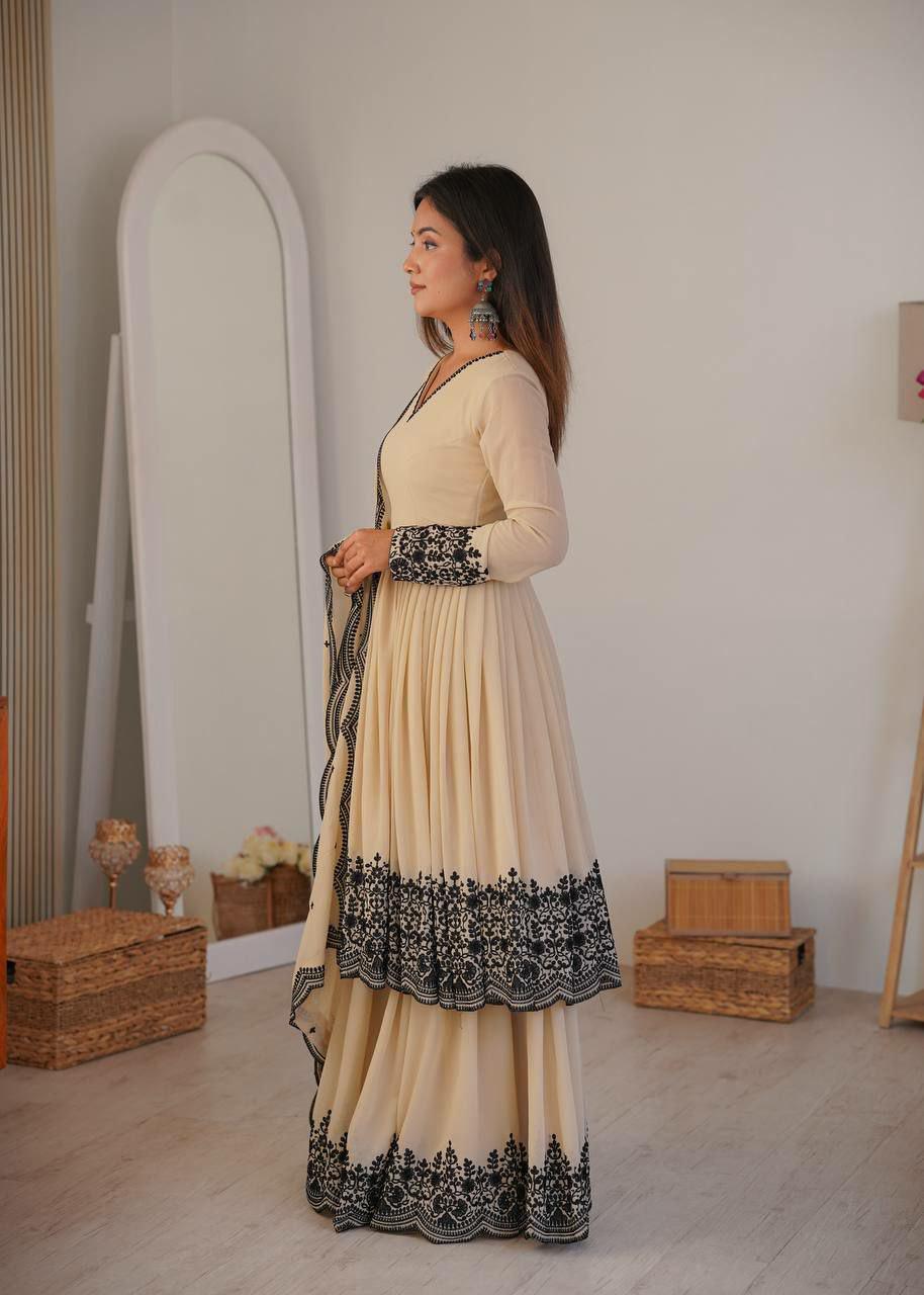 Embroidered Faux Georgette Kurta Set with Palazzo and Dupatta, Festive Indian Ethnic Wear