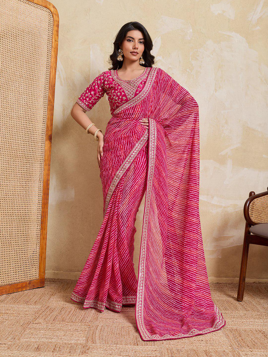 Georgette Bandhej Laheriya Saree with Embroidered Blouse, Festive Wedding Wear