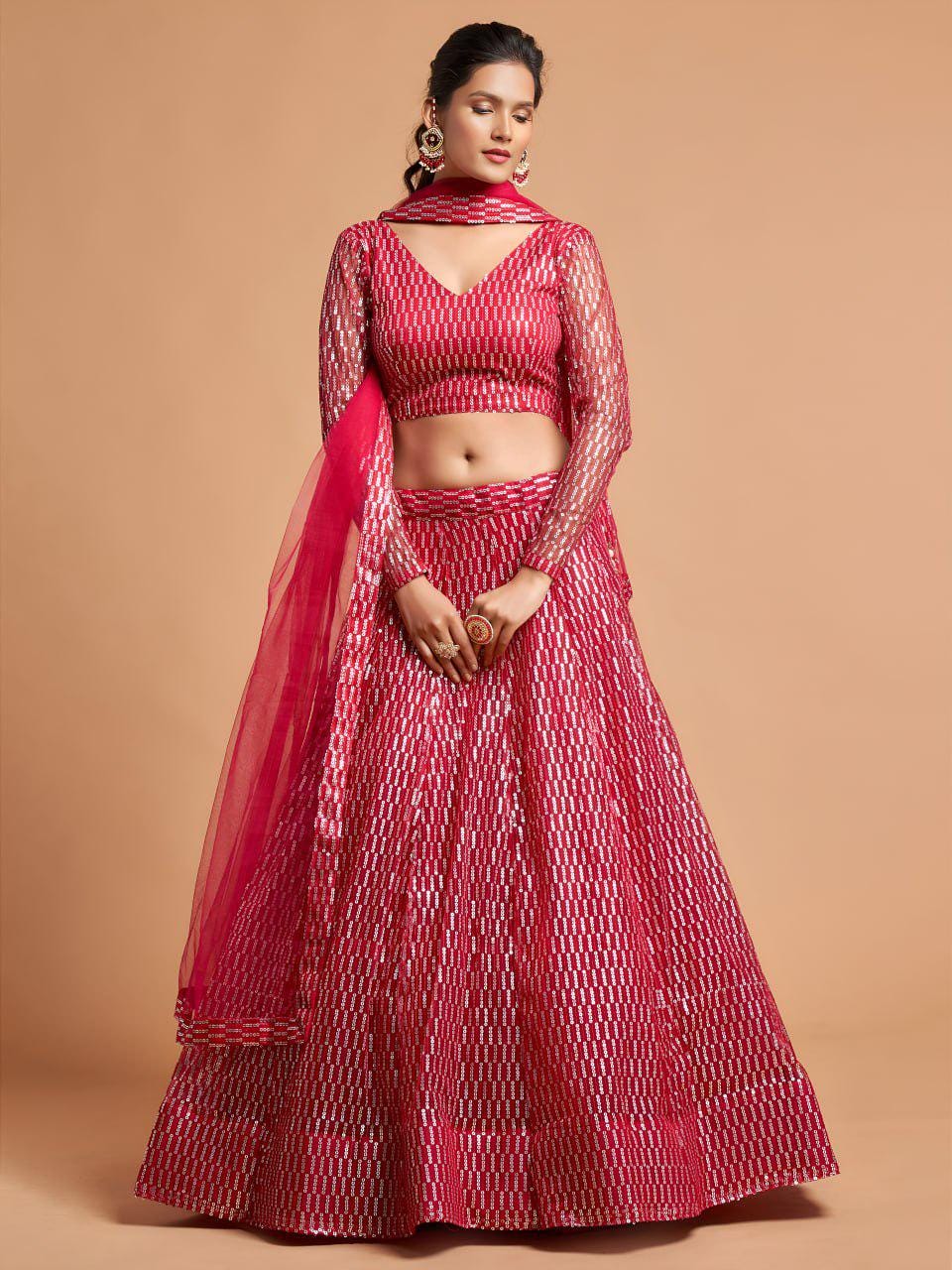 Pink Sequin Embroidered Lehenga Choli Set | Soft Net A-Line Wedding Party Wear