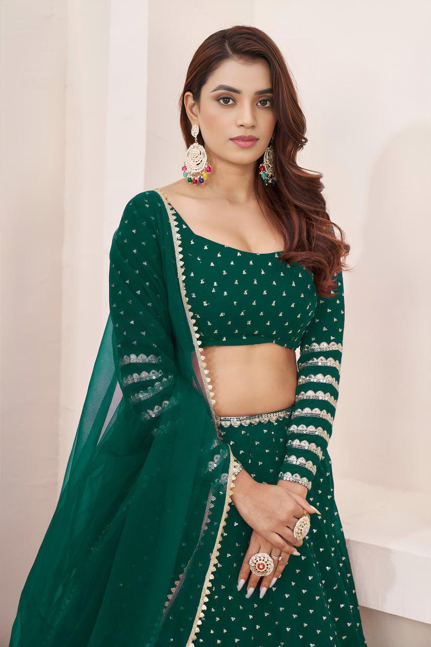 Teal Green Georgette Lehenga Choli Set | Zari Sequins Embroidery, Semi-Stitched Wedding Wear
