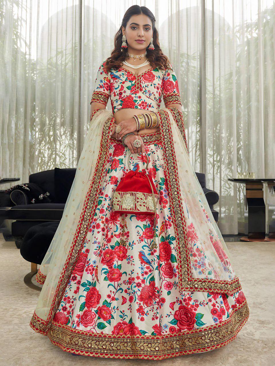 Ivory Floral Art Silk Lehenga Choli with Net Dupatta, Dori Zari Sequins Embroidery