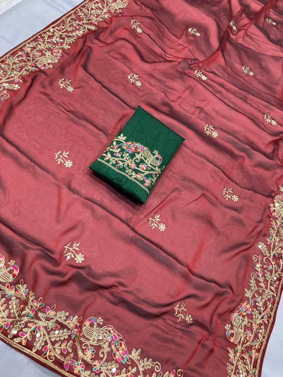 Soft Rangoli Silk Saree, Embroidered C-Pallu, Piping Border, Wedding Party Wear