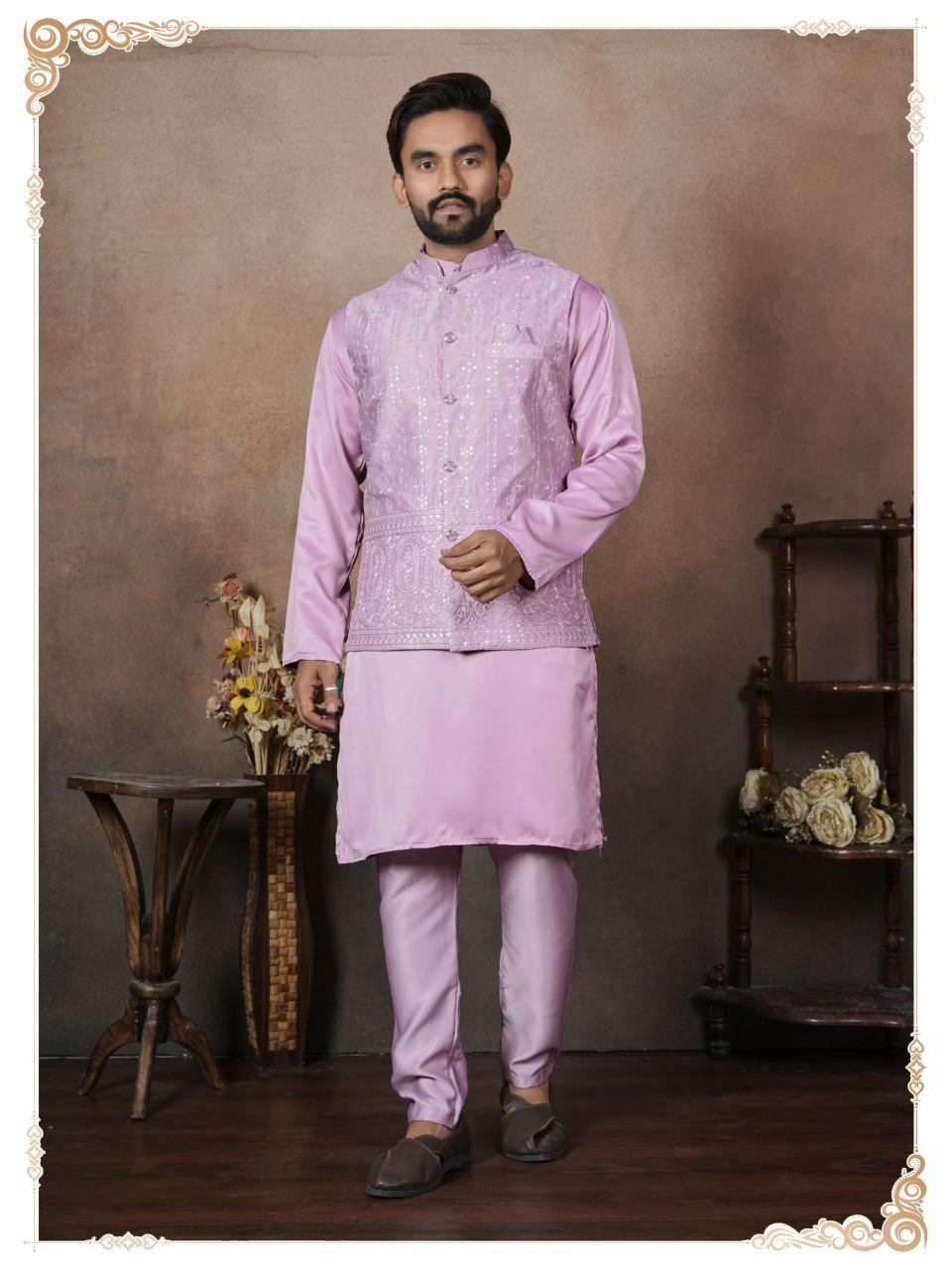 Men's Malai Satin Kurta Koti Pyjama Set, Wedding Ethnic Party Wear