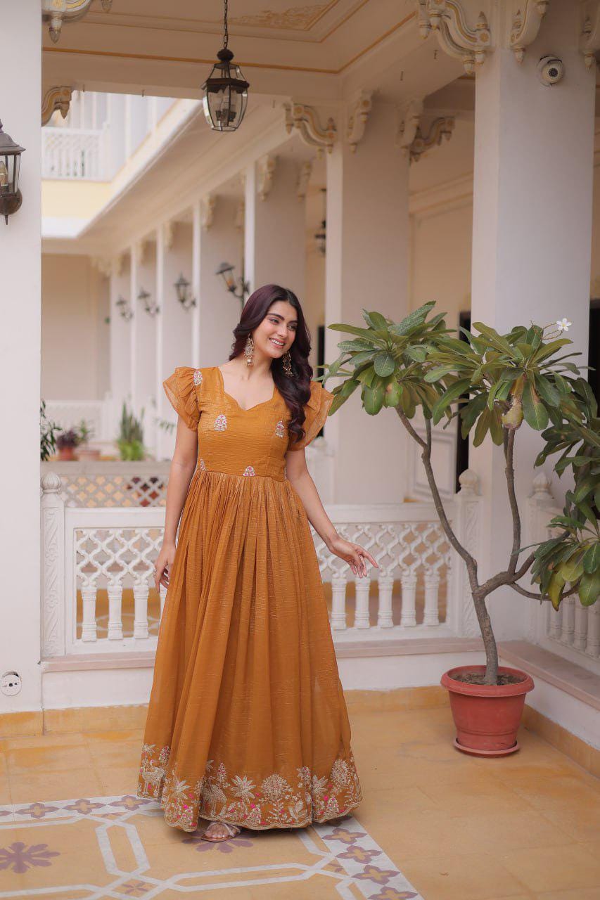 Silver Embroidered Gown, Frill Sleeve Ethnic Party Dress, Flared Anarkali Gown