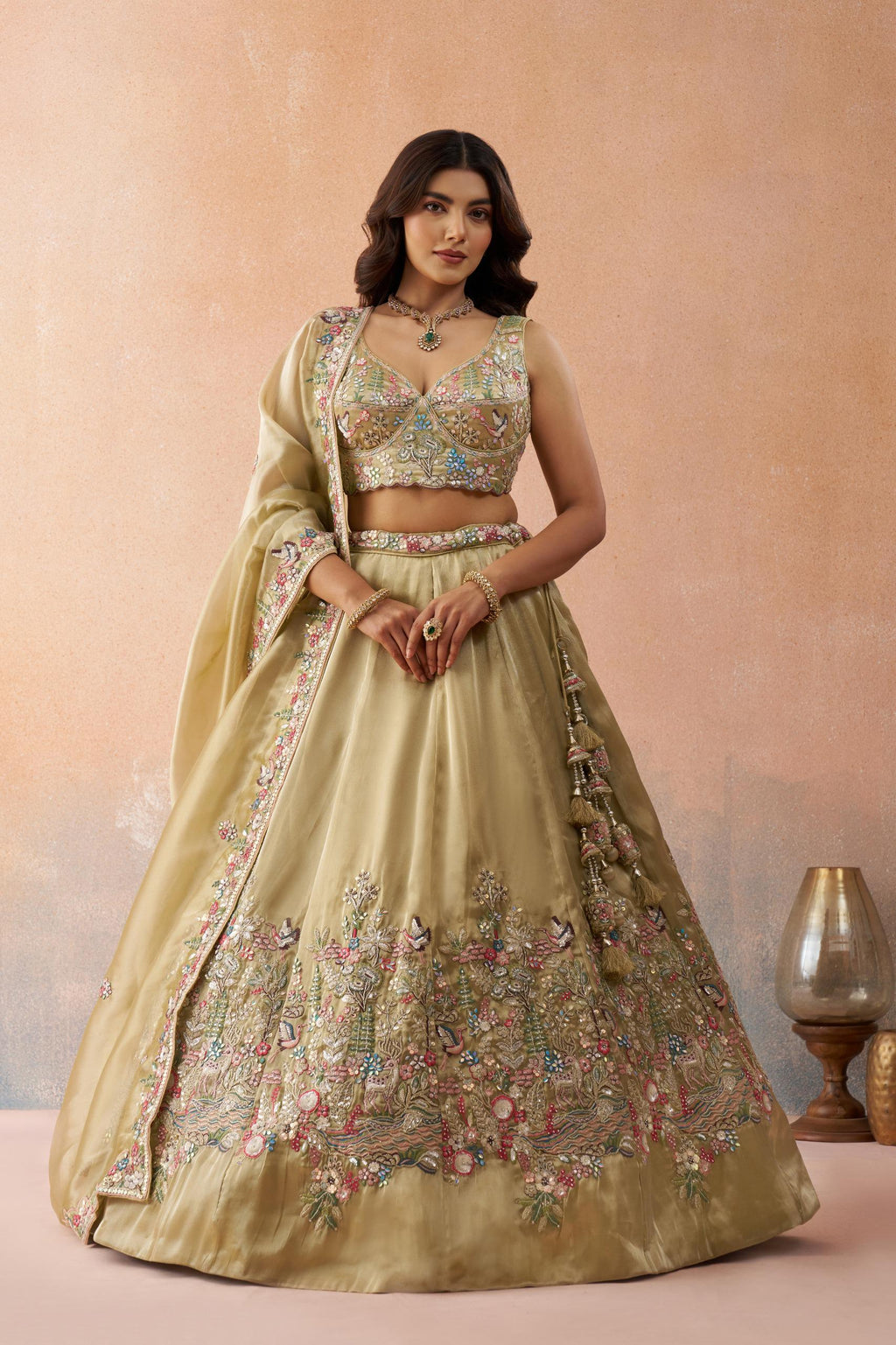 Beige Tissue Lehenga Choli, Heavy Sequins Zarkan Embroidery, Bridal Wedding Festive Set