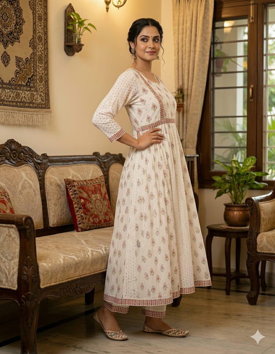 Cotton Chikankari Anarkali Kurti Set with Mirror Work, Lace Pant Dupatta