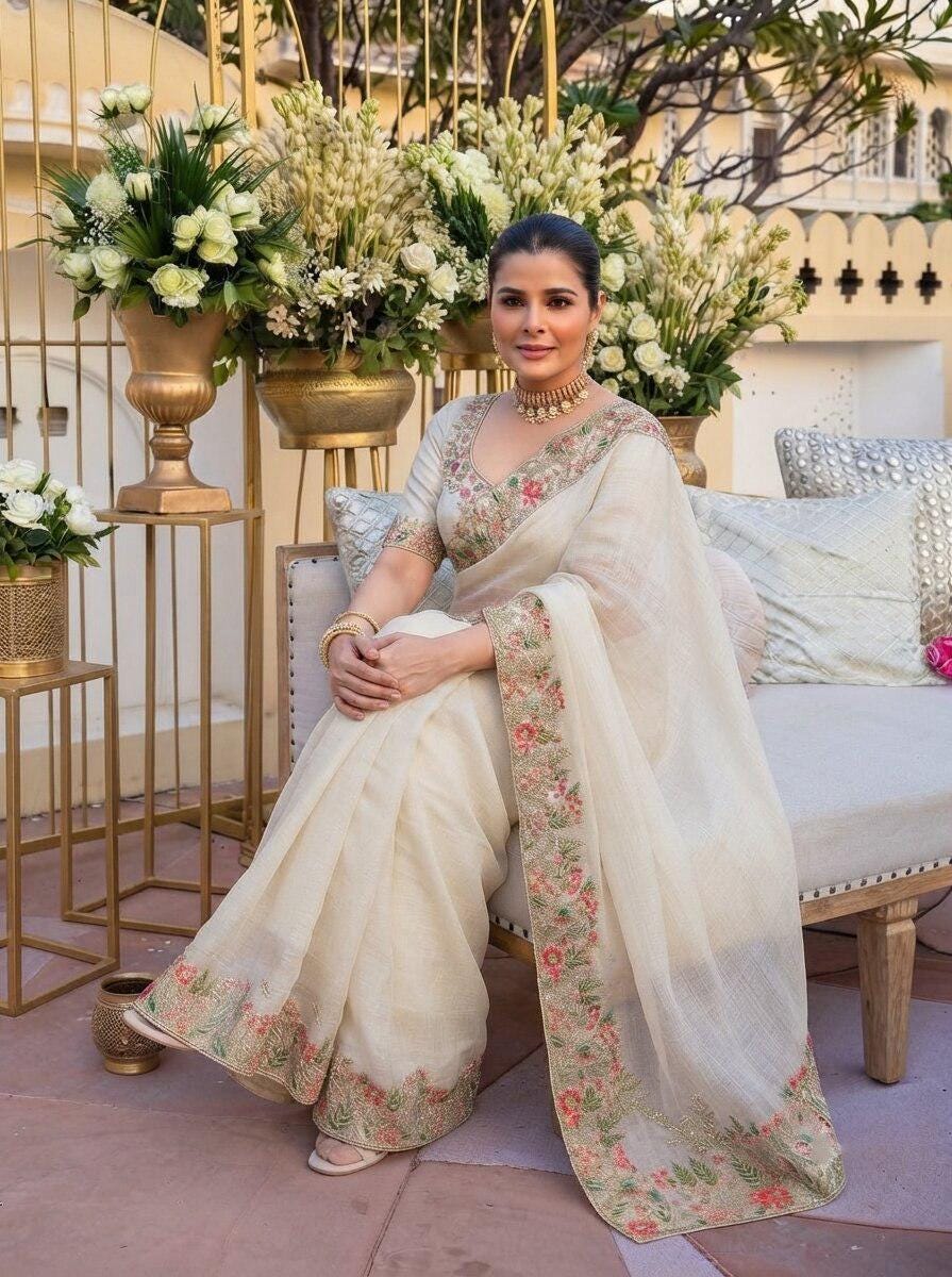 Fendy Satin Silk Saree with C-Pallu Embroidery | Designer Wedding Wear Blouse Piece