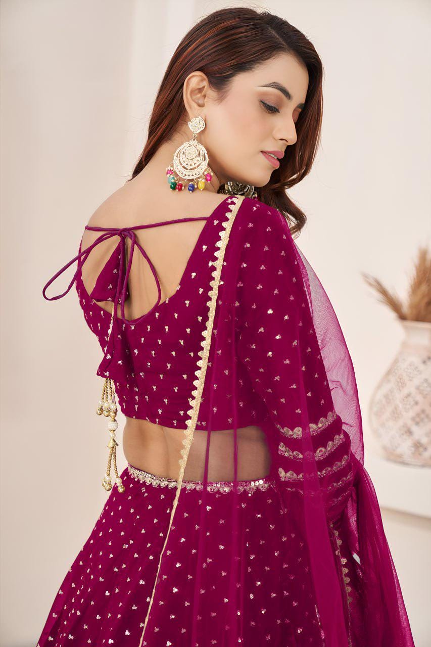 Rani Pink Georgette Lehenga Choli Set | Zari Sequins Embroidery, Festive Wear
