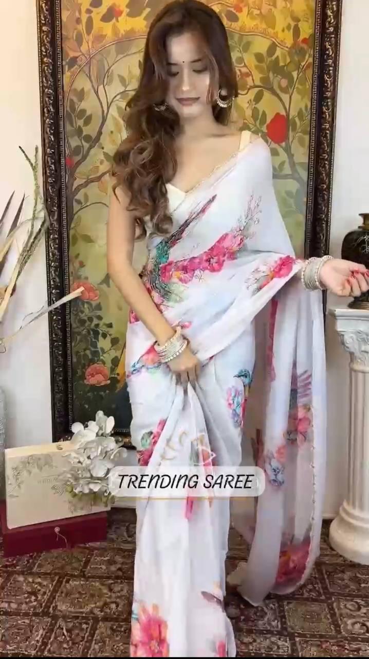 Floral Sparrow Print Soft Tabby Silk Saree, Khatli Cut Dana Handwork, Jalpari Blouse
