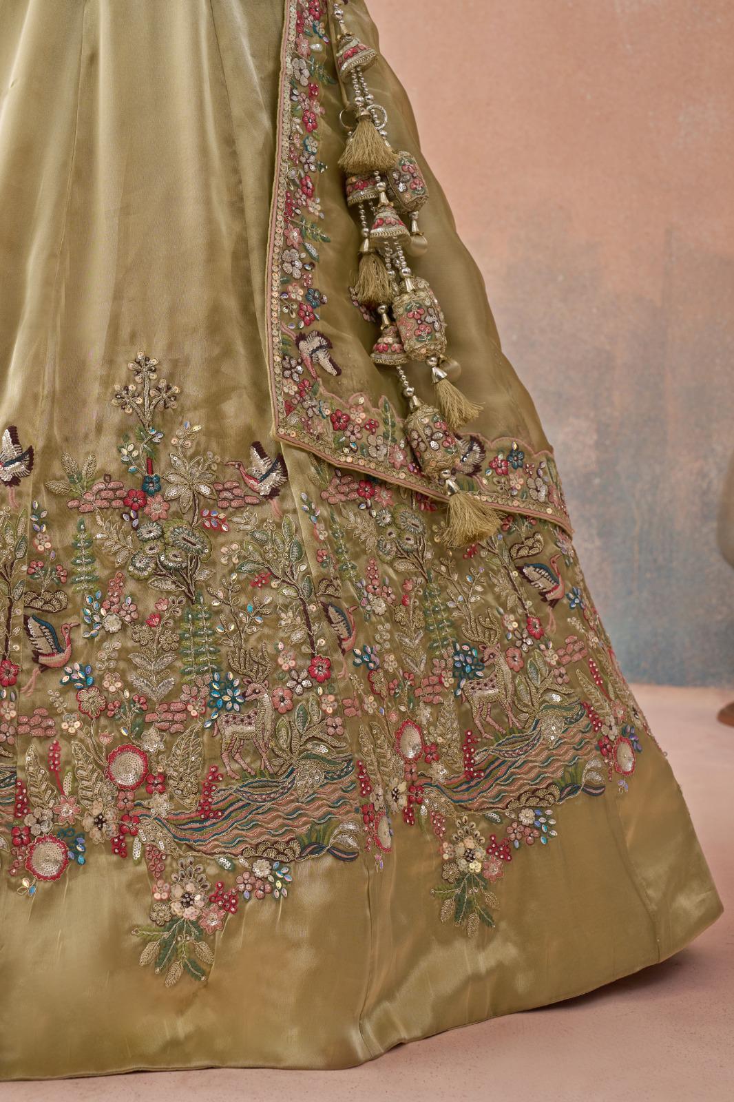 Beige Tissue Lehenga Choli, Heavy Sequins Zarkan Embroidery, Bridal Wedding Festive Set