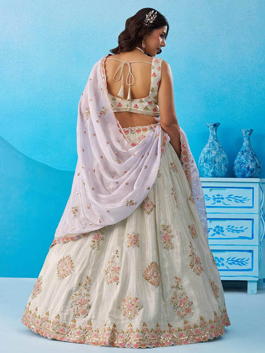 Peach Tissue Lehenga Choli, Zari Embroidery, Sky Dupatta, Wedding Party Wear