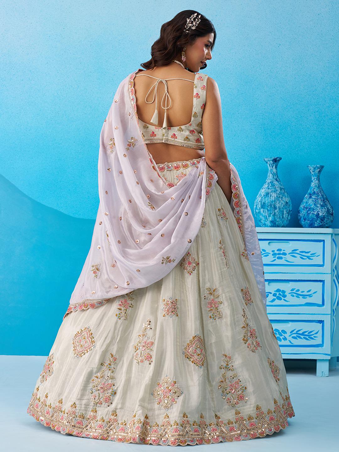 Peach Tissue Lehenga Choli, Zari Embroidery, Sky Dupatta, Wedding Party Wear