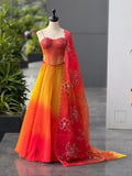 Pure Organza Lehenga Choli, Digital Print, Corset Blouse, 8 Meter Flair, Wedding Designer Set